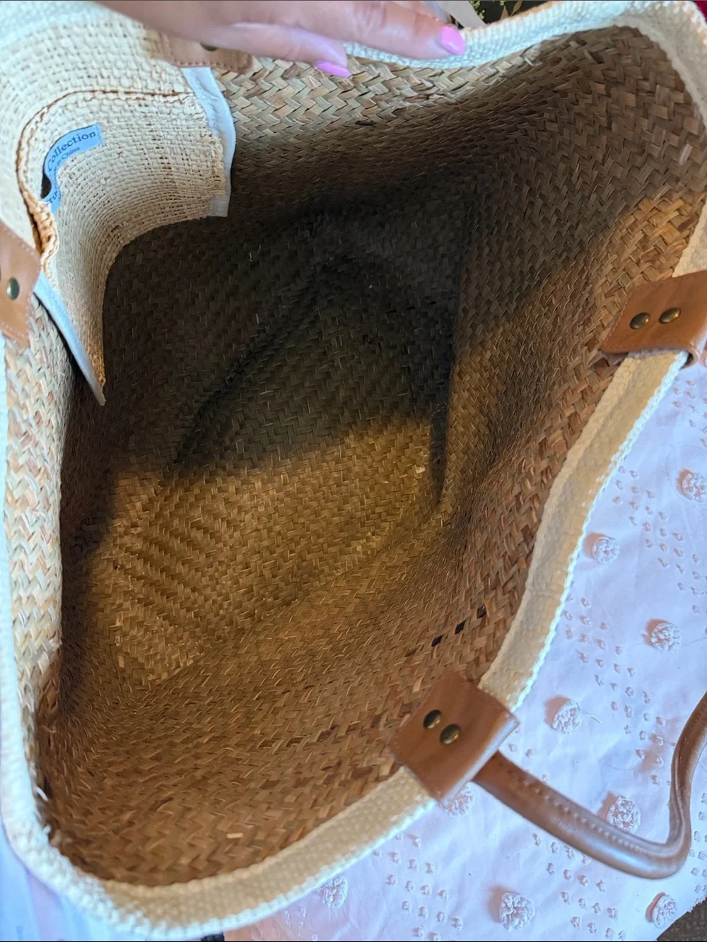 Striped Straw Tote Bag with Brown Handles